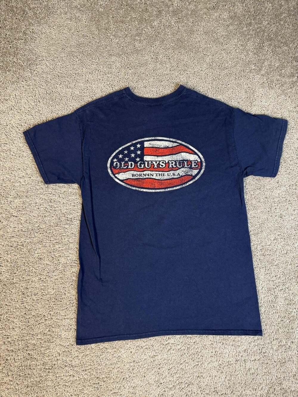 Old Guys Rule Shirt Mens M Blue American Flag Oval Logo Crew Neck Cotton